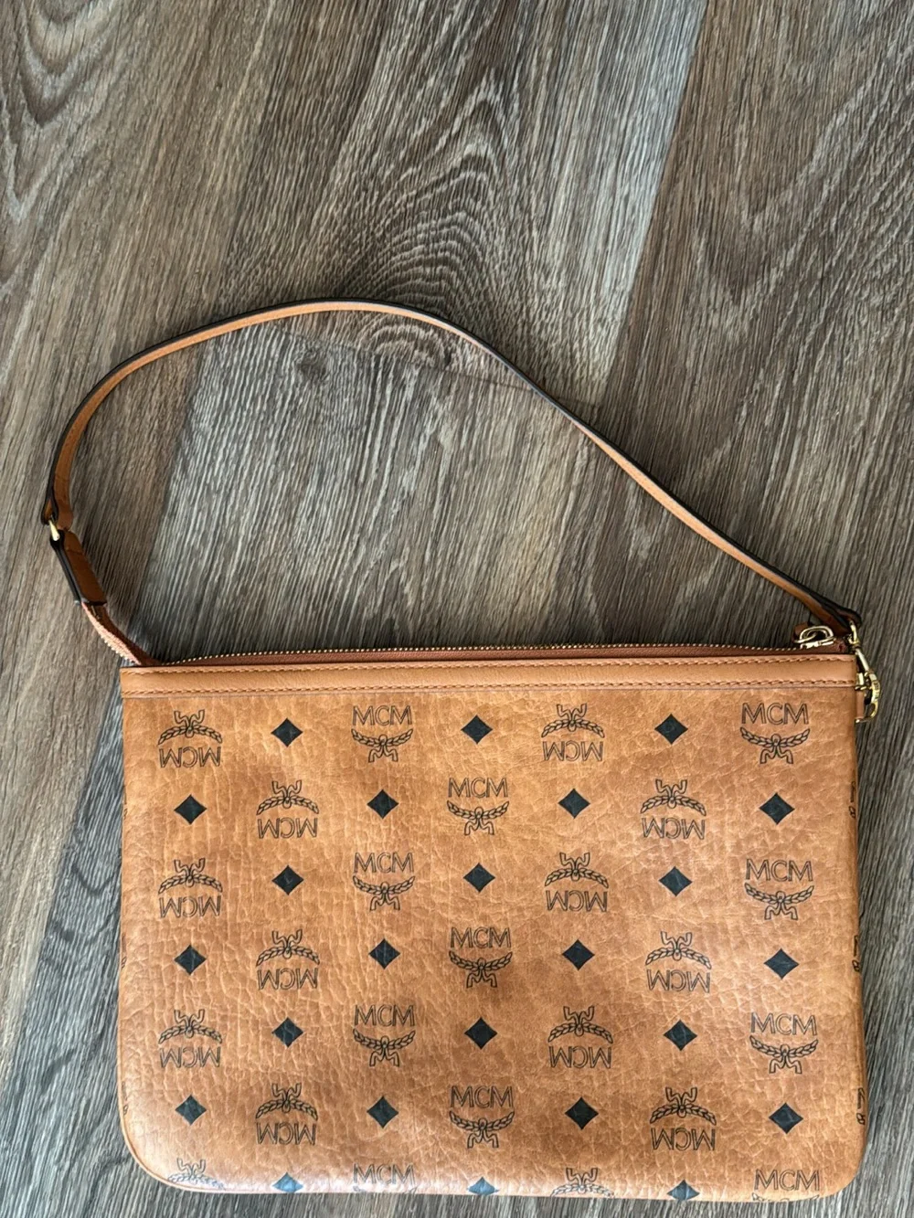 MCM Cognac Logo Print Leather Wristlet Clutch